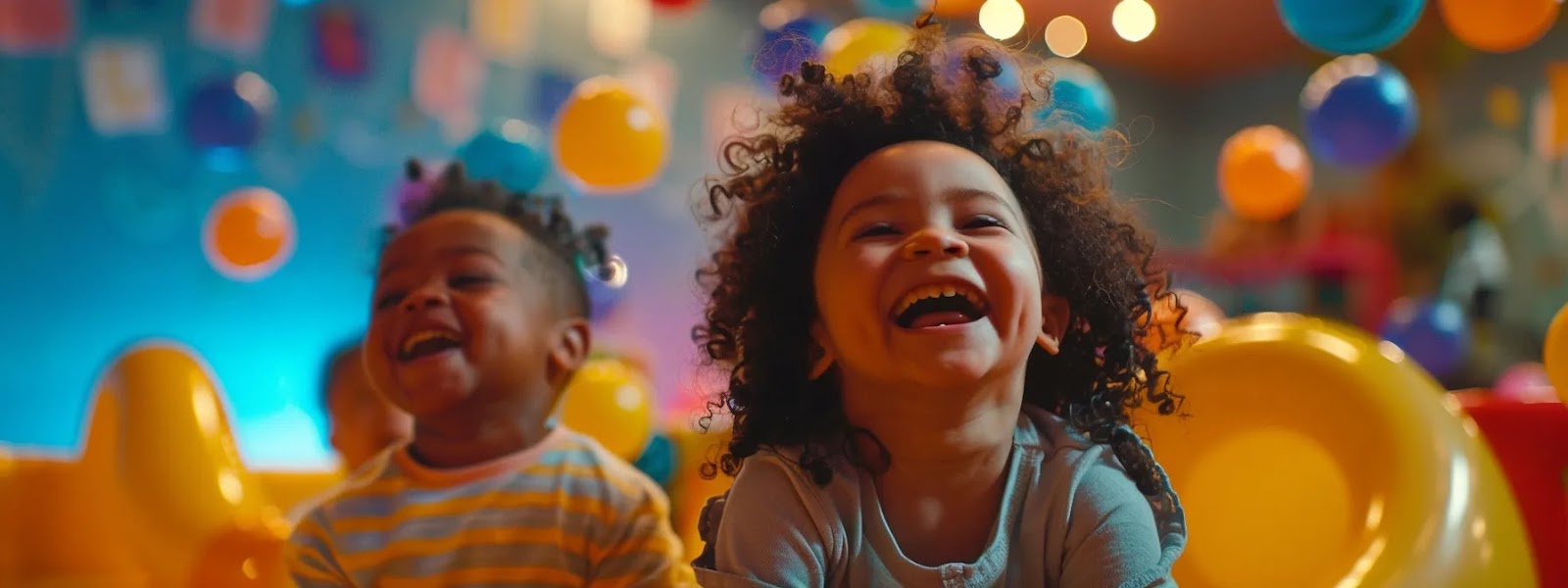 children laughing and playing together in a vibrant and welcoming daycare setting, showcasing the positive impact of quality daycare on social and emotional growth.