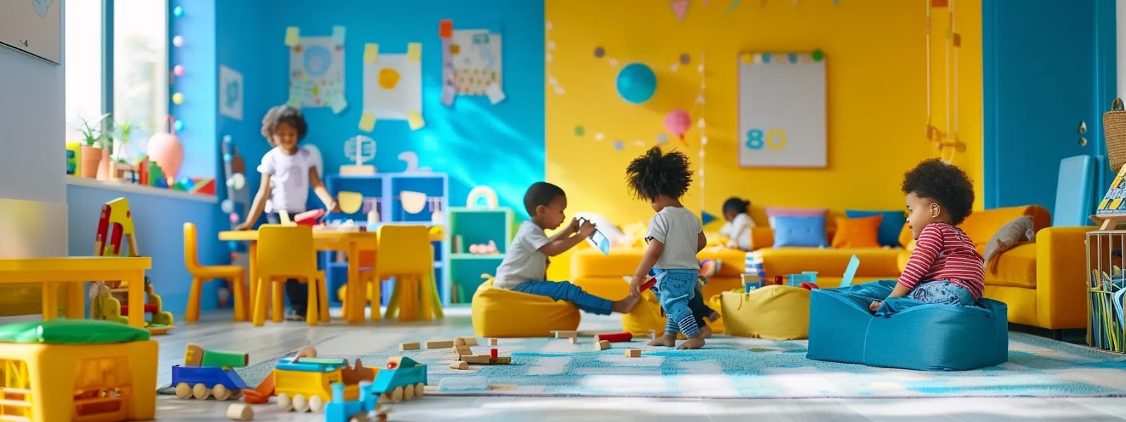 a brightly colored daycare room filled with engaging toys and educational resources, with happy children interacting and learning together.