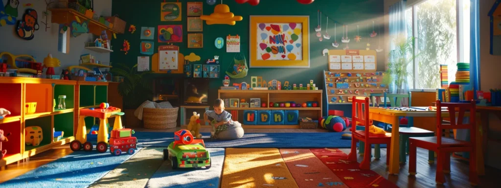 a bright, colorful playroom filled with educational toys and books, with attentive caregivers engaging with happy children.