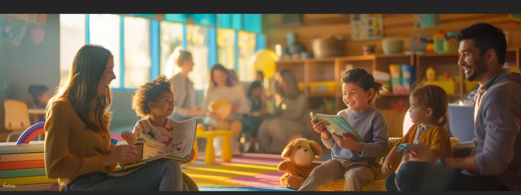 a group of parents chatting happily while browsing through a colorful community resource directory to find budget-friendly daycare providers.