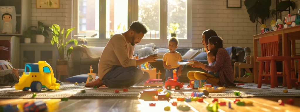 a group of parents negotiating rates with daycare providers in a cozy, sunlit room filled with toys and books.