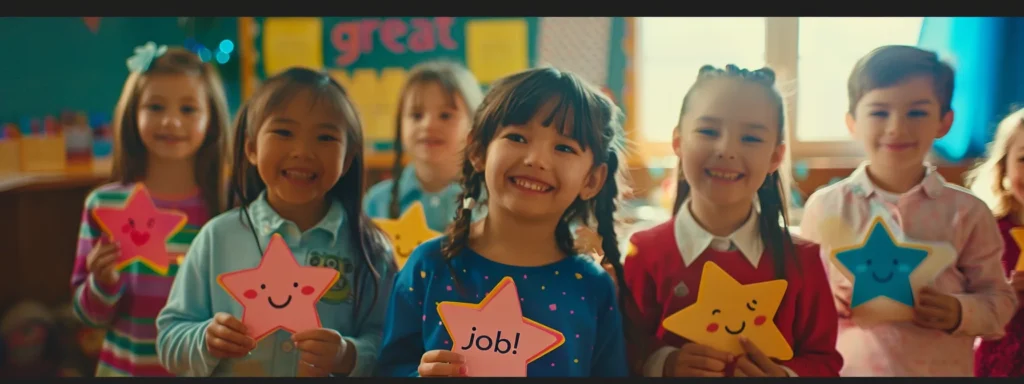 a group of smiling children holding colorful star-shaped stickers standing in front of a "great job!" chart in a bright and cheerful daycare setting.