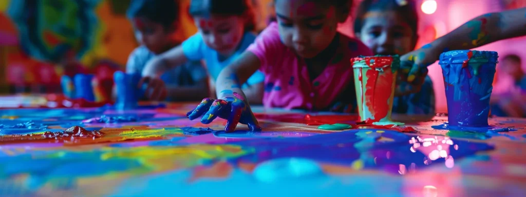 preschoolers happily collaborating on a colorful collaborative art project, sharing paint and ideas with big smiles.